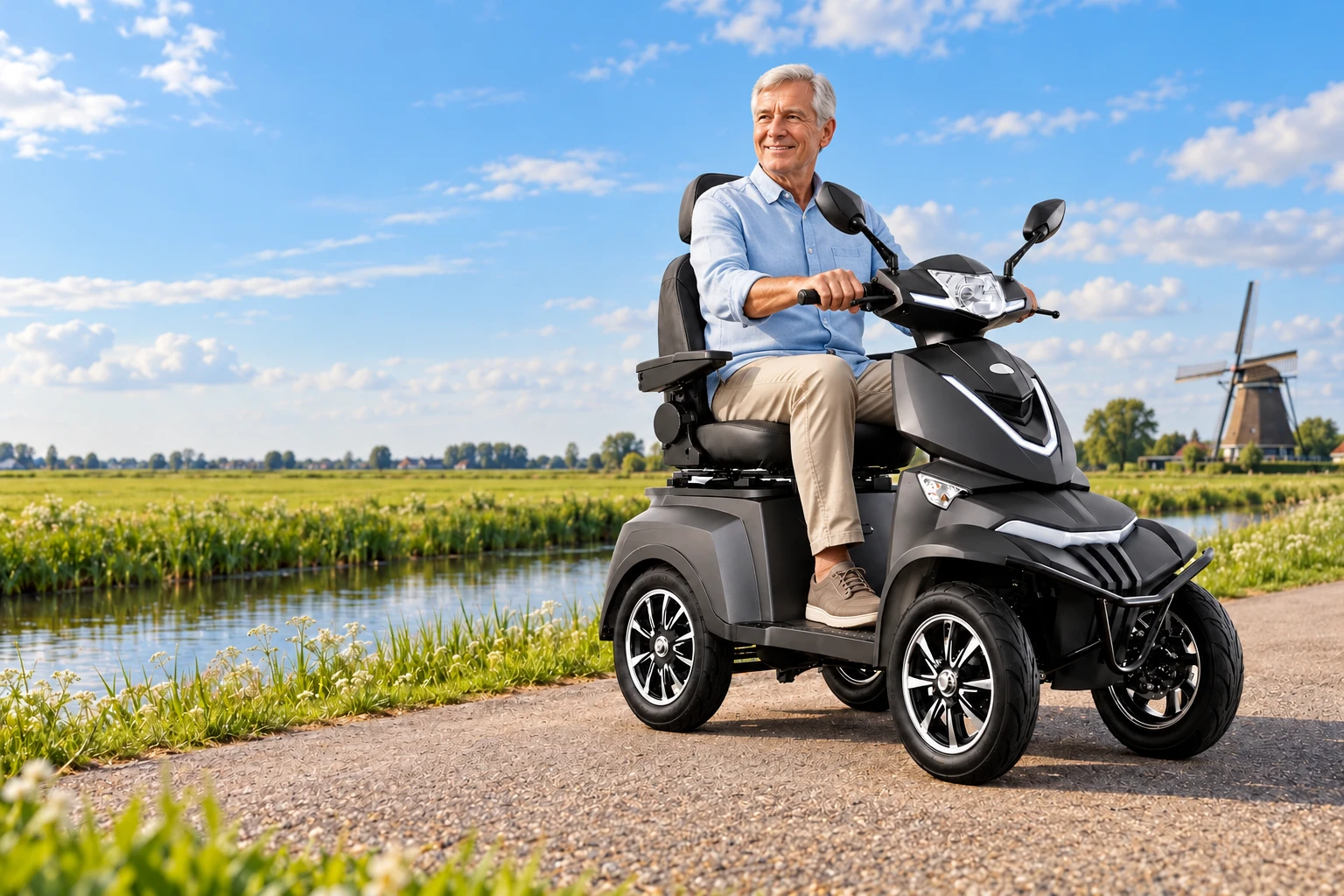 Man van ongeveer 65 jaar op een E-MOTO M4 aan een Nederlandse polderweg